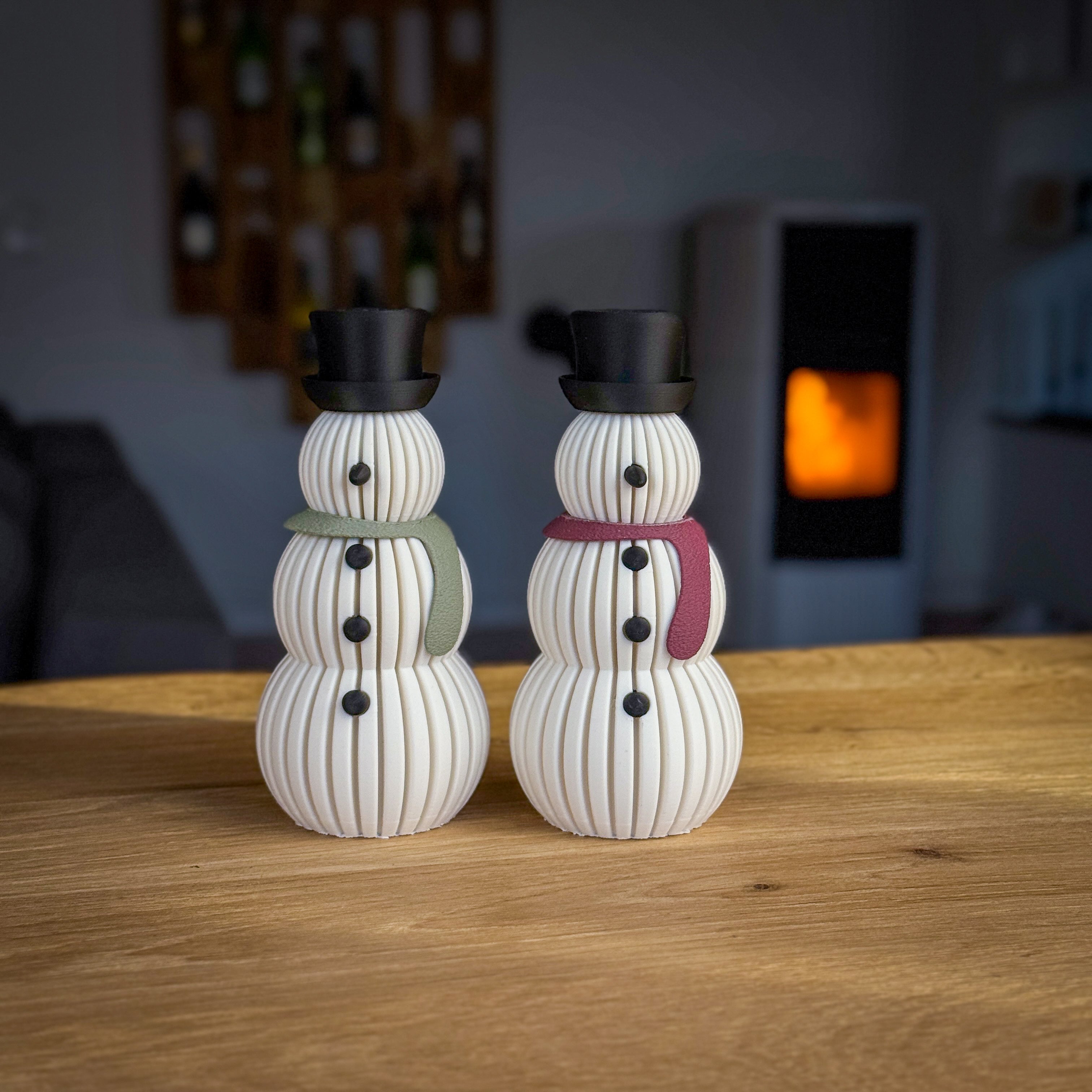 3D-gedruckter Schneemann aus PLA mit LED-Teelicht-Funktion – 14,5 cm winterliche Deko, Schal in 18 Farben
